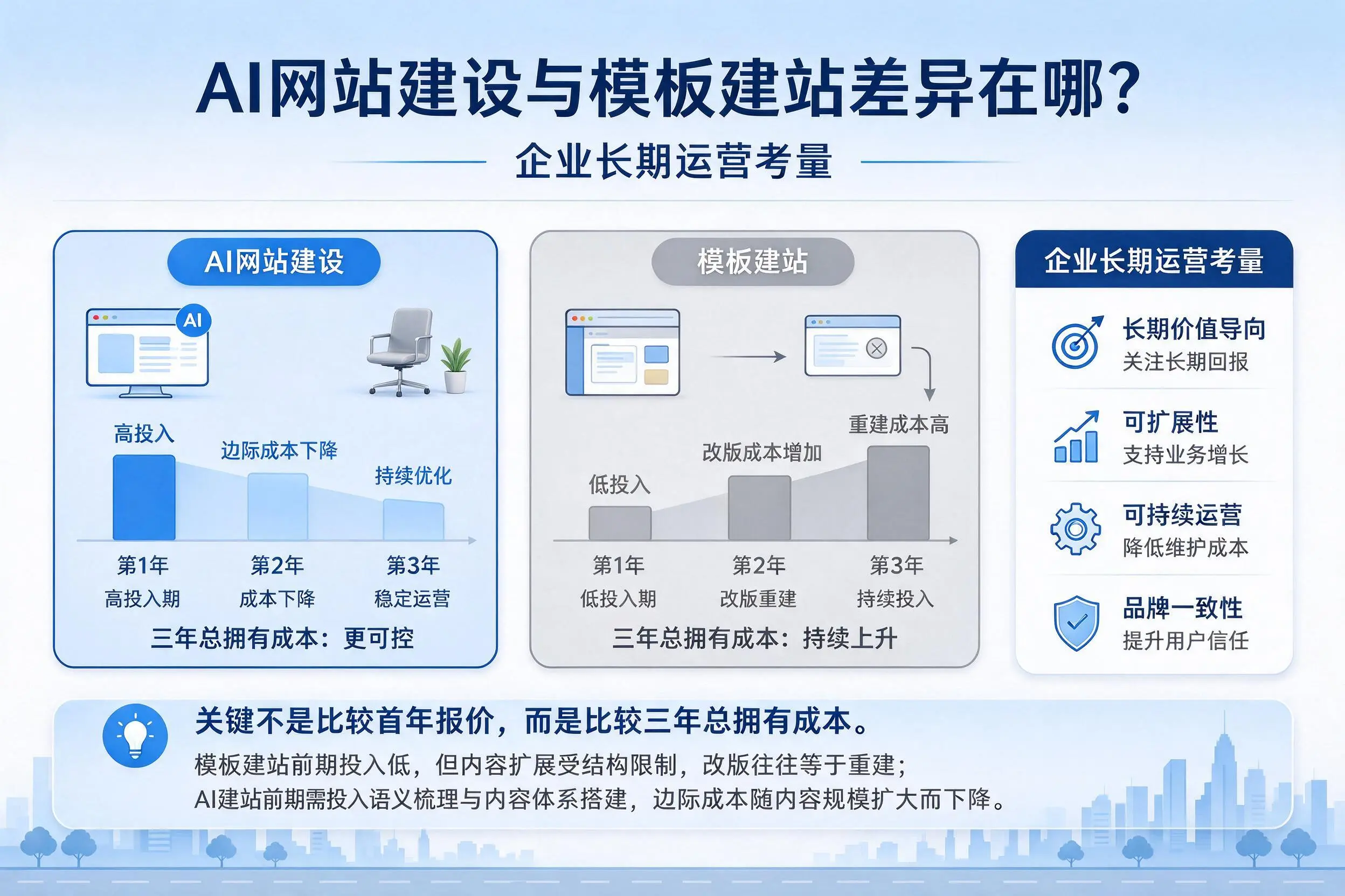 AI网站建设与模板建站差异在哪?丽水企业长期运营考量